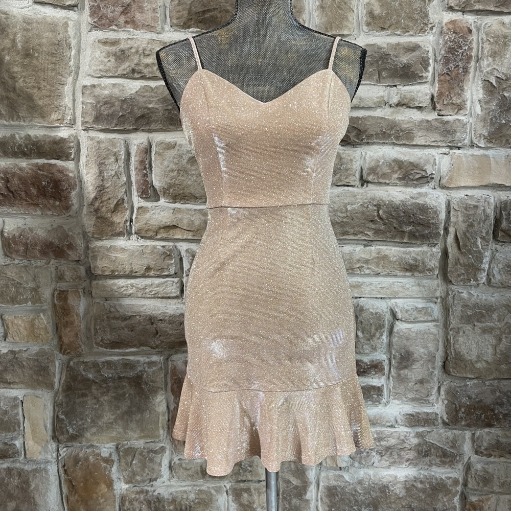 Crystal Doll blush pink shimmer dress with ruffled bottom